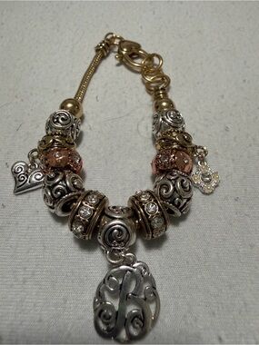 Two-Tone Silver and Rose Gold Charm Bracelet with Monogram Pendant